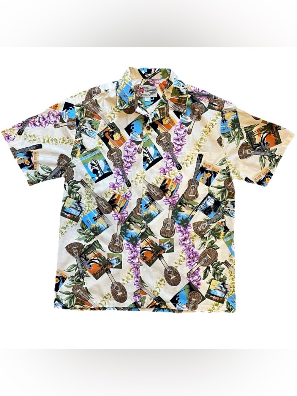HILO HATTIE The Hawaiian Original Postcard Ukulele Shirt Cream Multi Men’s M